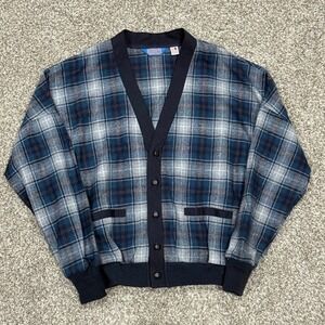 Vintage 70s 80s Pendleton Virgin Wool Cardigan Sweater Mens L Blue Plaid USA VTG